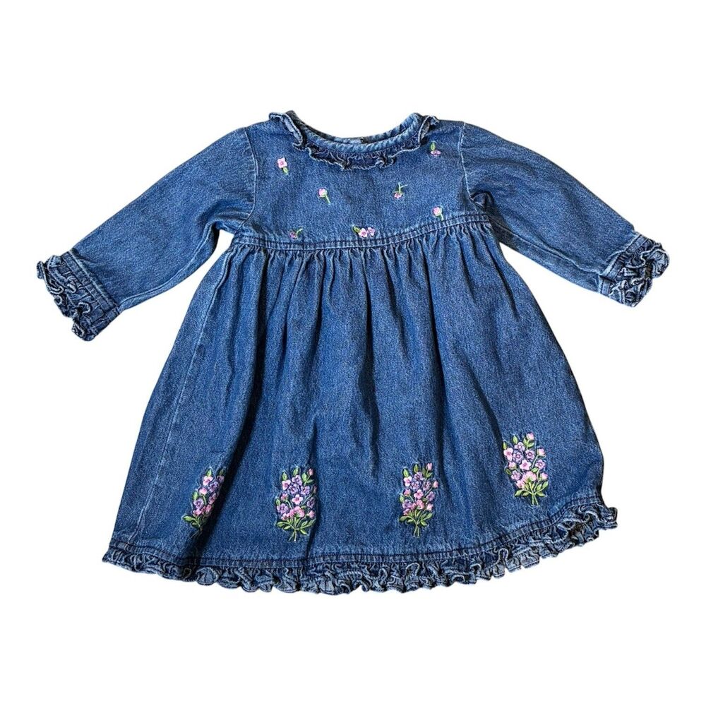Vtg Cotton Kids 24M Blue Denim Dress Flower Embroidered Ruffle Neck Long Sleeve